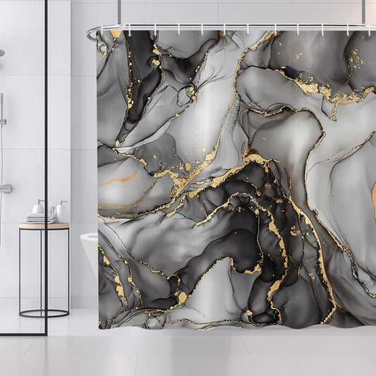 ASDCXZ Black Marble Shower Curtain 180x200 cm, Modern Abstract Art Gray Black Gold Marble Optics Texture Waterproof Bath Curtain Polyester Textile