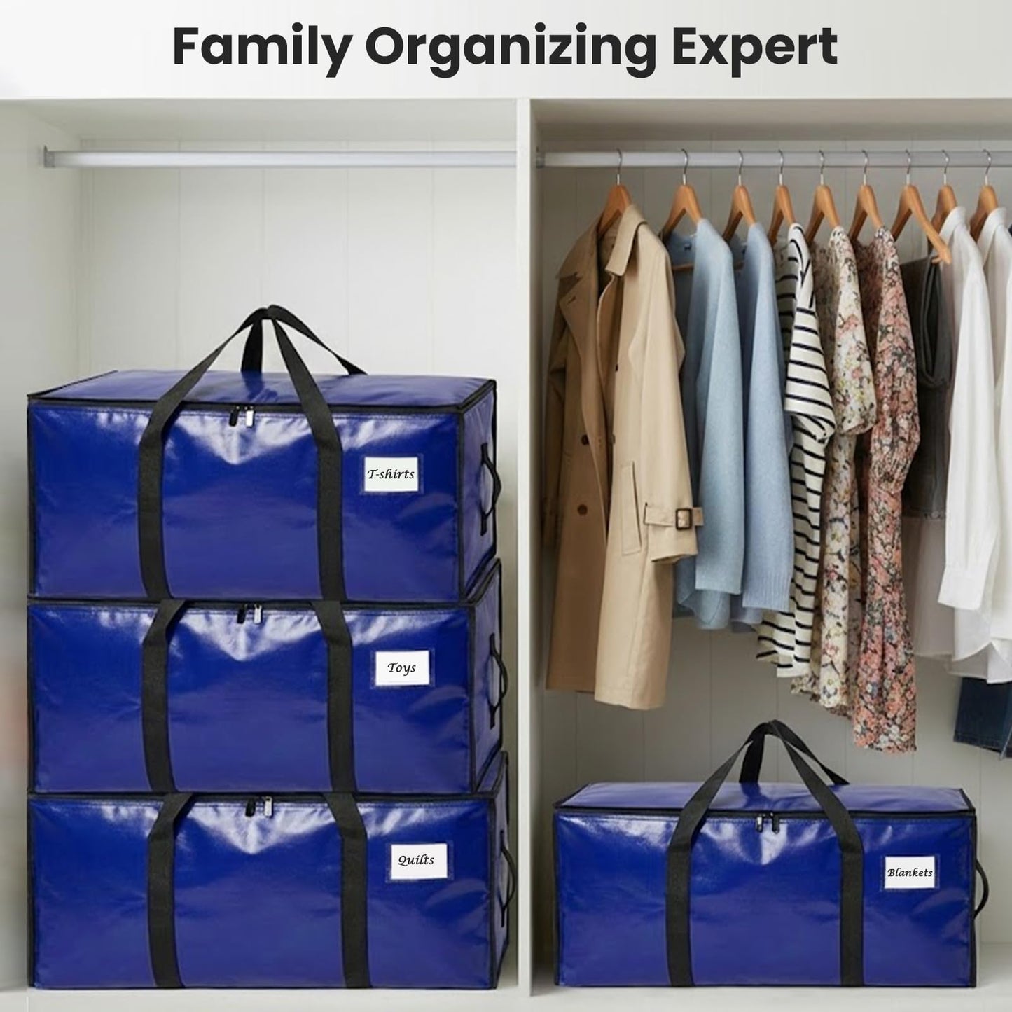 RICHER HOUSE 90L Heavy Duty Moving Boxes, Clothes Storage Bags, 4 Pack,Blue