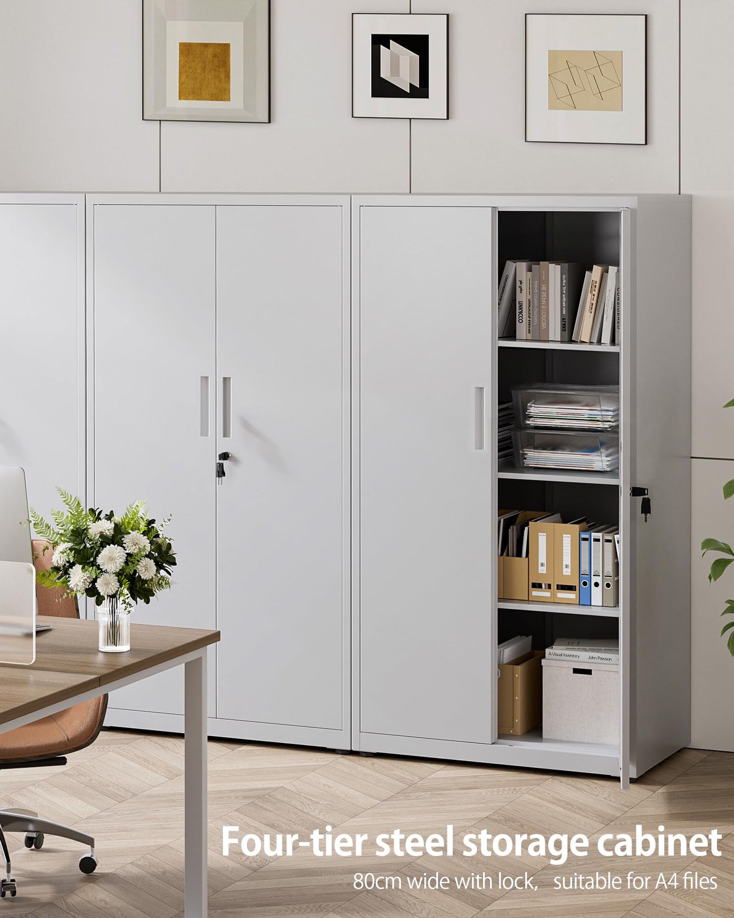 LAND·VOI Steel Storage Cabinet, 4-Tier Lockable Cabinet with Adjustable Shelves, Double-Door Cupboard Storage, For Home, Office Storage