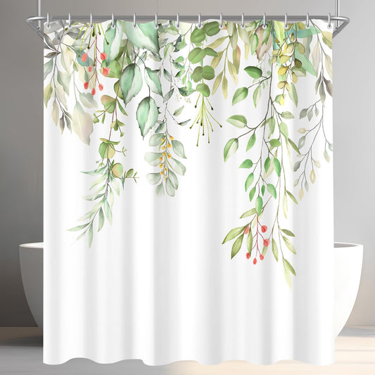 Lerores Shower Curtain, 180 x 200 cm, Clear Leaves, Weighted Hem, Anti-Mould Textile, Water-Repellent, Washable Polyester Bath Curtains with 12