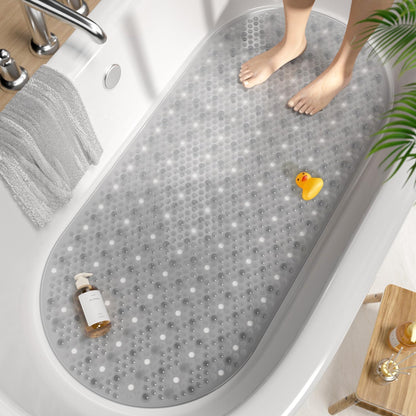 HITSLAM Oval Bath Mat Non Slip Anti Mould Kids Shower Mat, 88x40cm, Grey