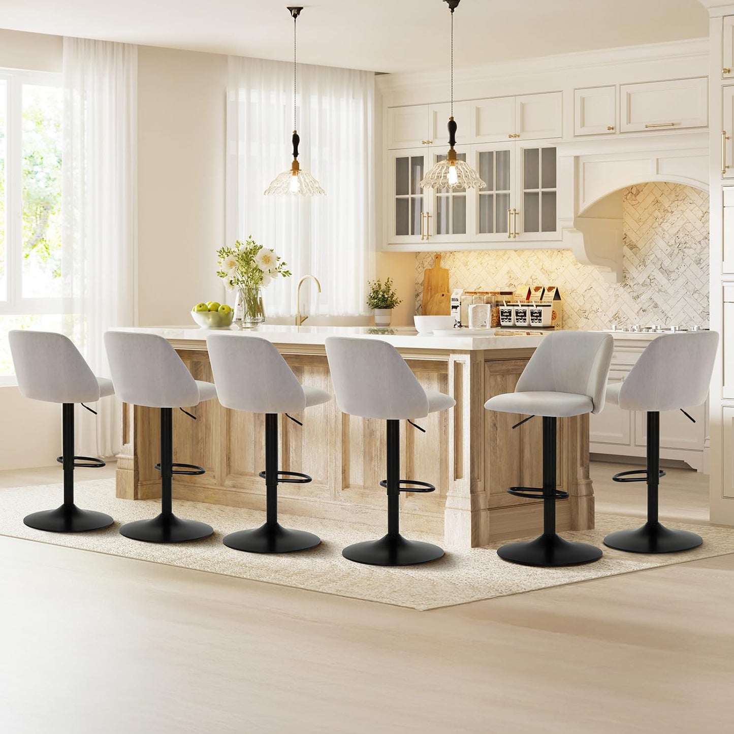 COLAMY Breakfast Bar Stools Set of 4, Modern Swivel Kitchen Stool, Adjustable Upholstered Barstools Counter Height with Square Open Back for Bar