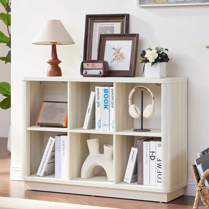 LELELINKY 6 Cube Storage Bookcase, 40" Wide Wooden Book Shelf with Thickened Base, Freestanding 2-Tier Open Book Case Unit with Curved Edge