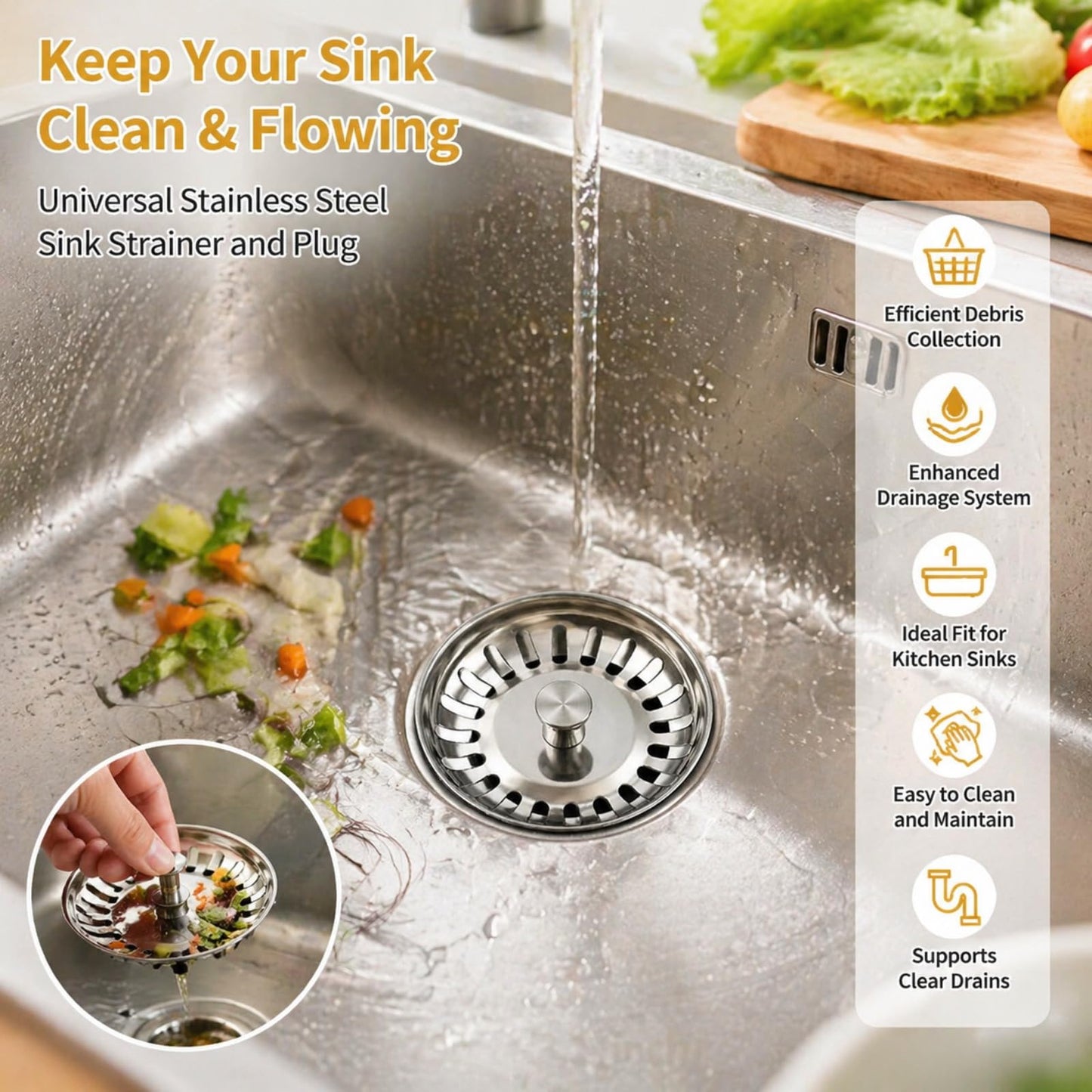78mm Universal Stainless Steel Kitchen Sink Strainer and Stopper, 2 in 1 Anti Clog Rust Resistant Replacement Sink Plug for Kitchen Bathroom Laundry