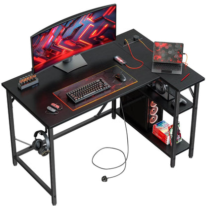 DOMSHOCT L Shaped Gaming Desk with Power Outlets, 100x70cm Corner Computer Desk with Large Reversible Shelves, Home Office Desk with Hooks for Writing