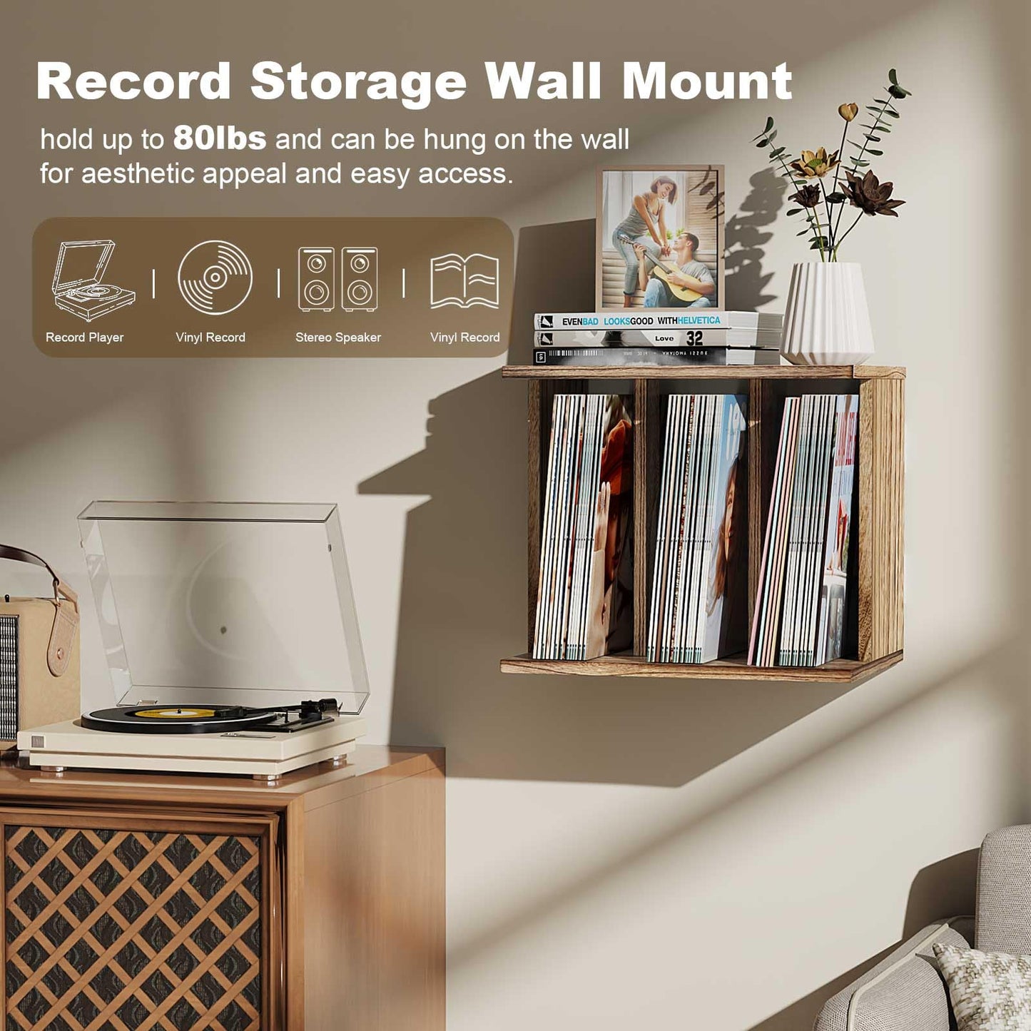 Emfogoo Vinyl Record Storage Wall Mounted Holds 100 LP Albums, 3-Tier Organizer Cabinet with Wall Mount