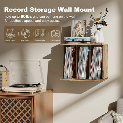Emfogoo Vinyl Record Storage Wall Mounted Holds 100 LP Albums, 3-Tier Organizer Cabinet with Wall Mount