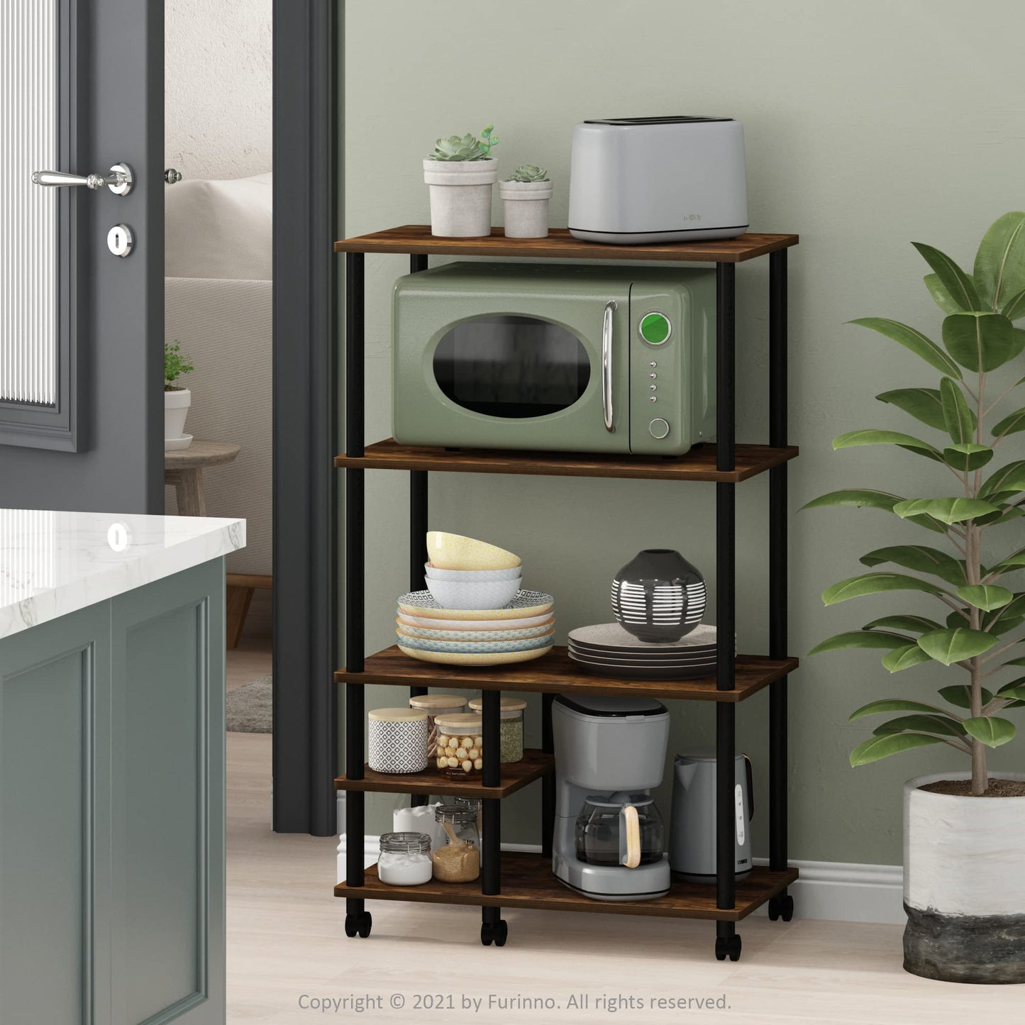 Furinno TURN-N-TUBE Bakers Rack with Wheels, 4-Tier Kitchen Storage Cart, Kitchen Cart, Coffee Bar, Pantry Organizers and Storage, Amber Pine