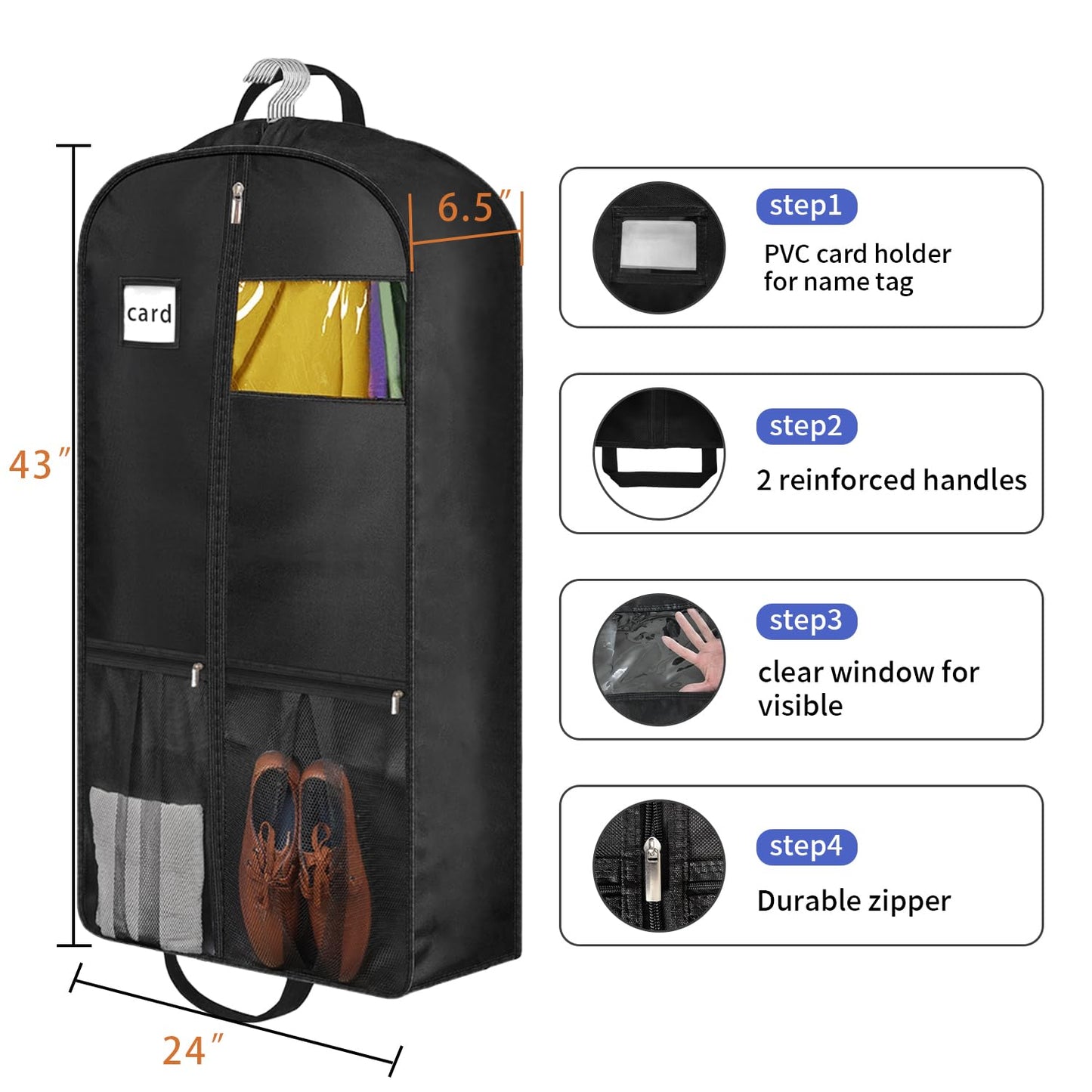 8" Gusseted Heavy Duty Garment Bags for Travel 43" Suit Bags for Closet Storage Hanging Clothes Bag with Pockets Mens Suit Holder for Shirts, Coats