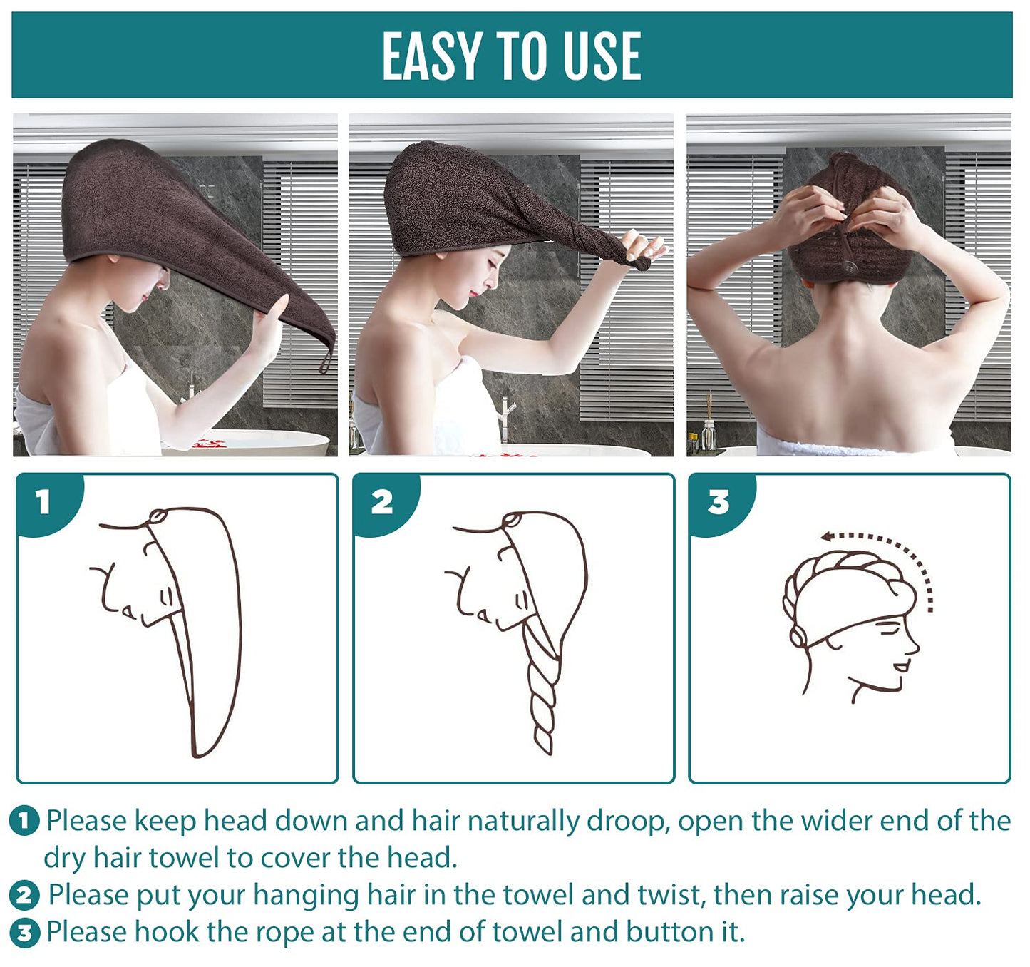 BAVIN LUXURY Hair Towel Wrap 100% Cotton, Instant Drying Lightweight Turban Hair Cap Super Quick Absorbent Anti-Frizz Twist Toweling Dry Hat with
