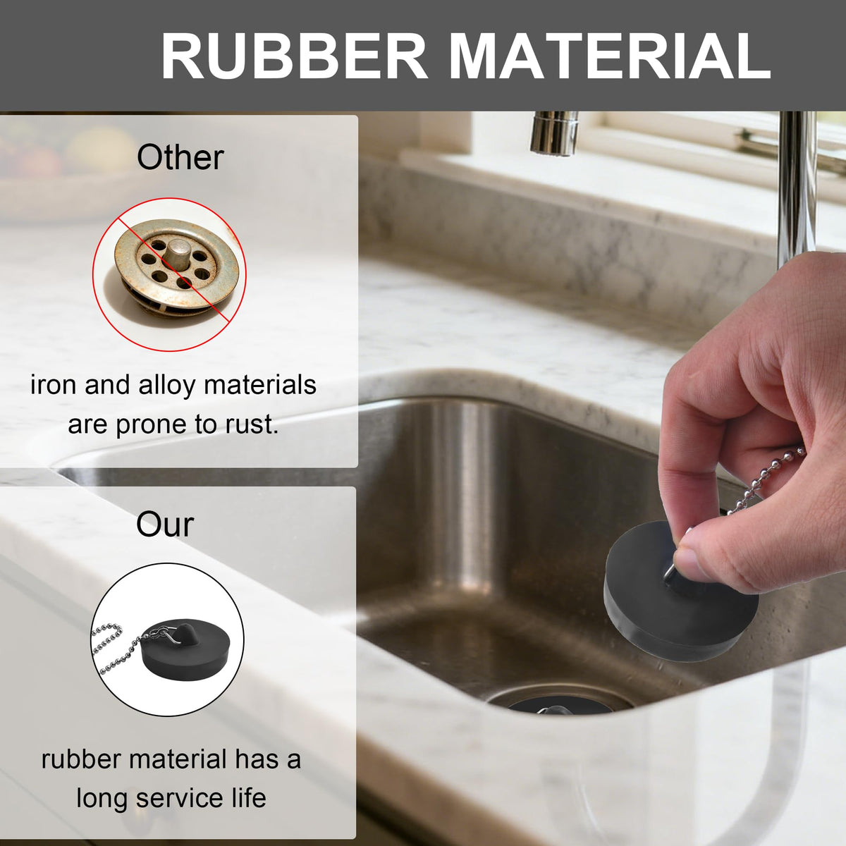 SZWLJ 4PCS(1.77in*2 & 1.85in*2) Black Sink Plug, Rubber Bath Plug and Chain