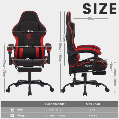 NIONIK Gaming Chair with Footrest and Massage Lumbar Cushion, Ergonomic Computer Chair with 135° Recline, Breathable Fabric, Headrest and 360° Swivel