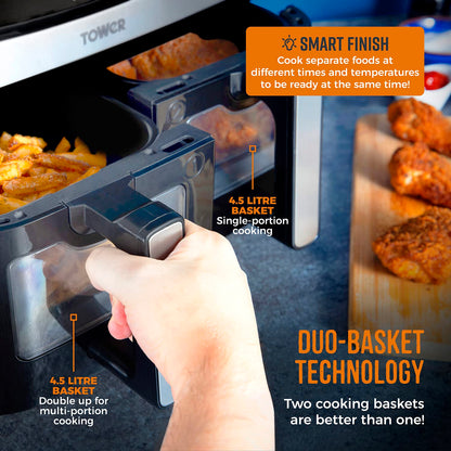 Tower, T17100, Vortx Vizion 9L Dual Basket Air Fryer with Digital control panel & 10 One-touch Pre-sets, Black