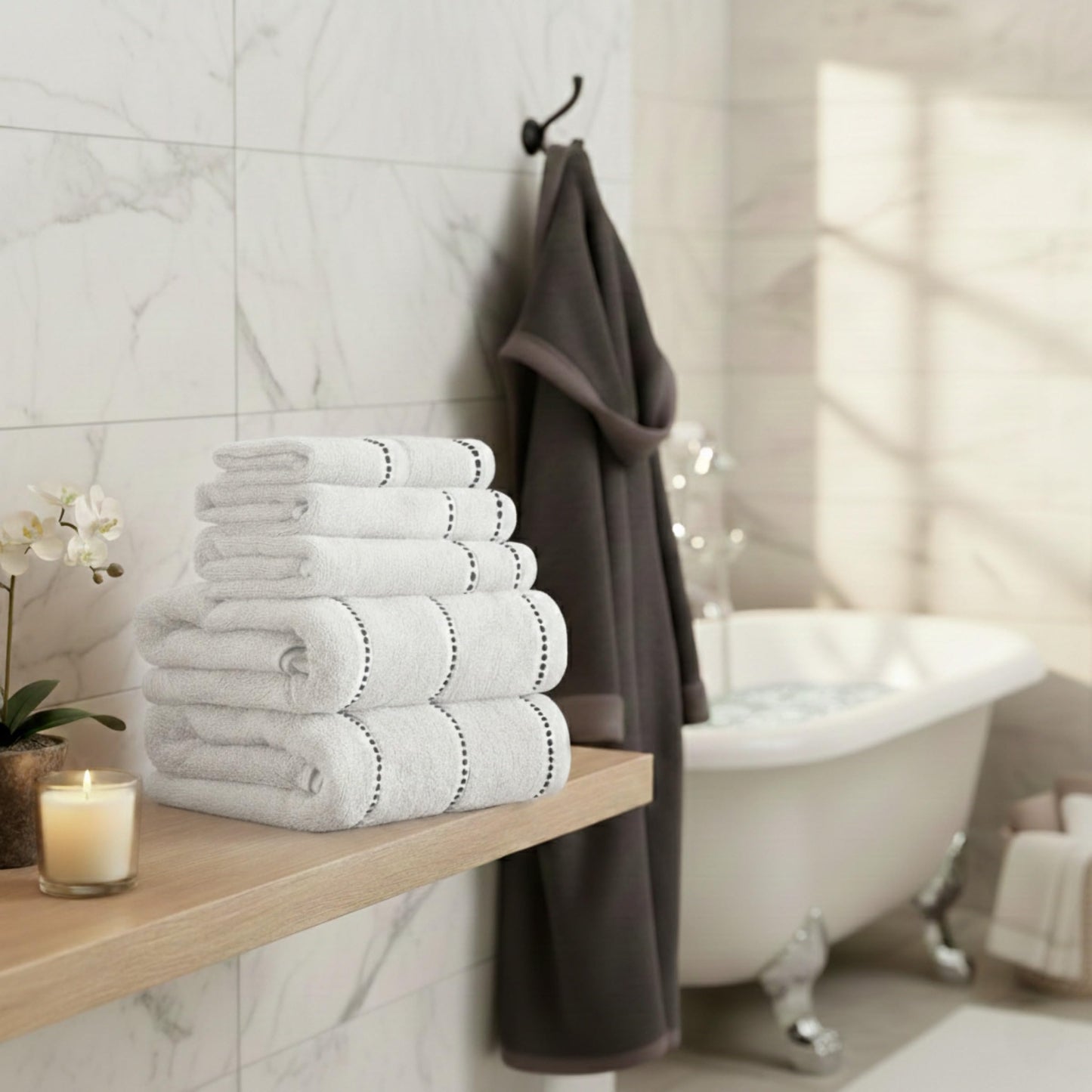 Lavish Home Luxury Cotton Towel Set- Quick Dry, Zero Twist and Soft 6 Piece Set With 2 Bath Towels, 2 Hand Towels and 2 Washcloths (White/Black)