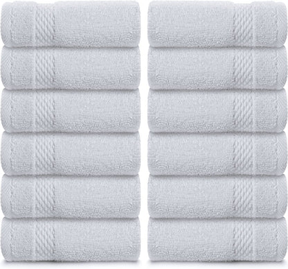 White Classic Luxury Cotton 12 Pc Flannel Set, Hotel Style Small Bath Towel Face Cloth 33x33 cm, Soft Plush White Flannels Pack of 12