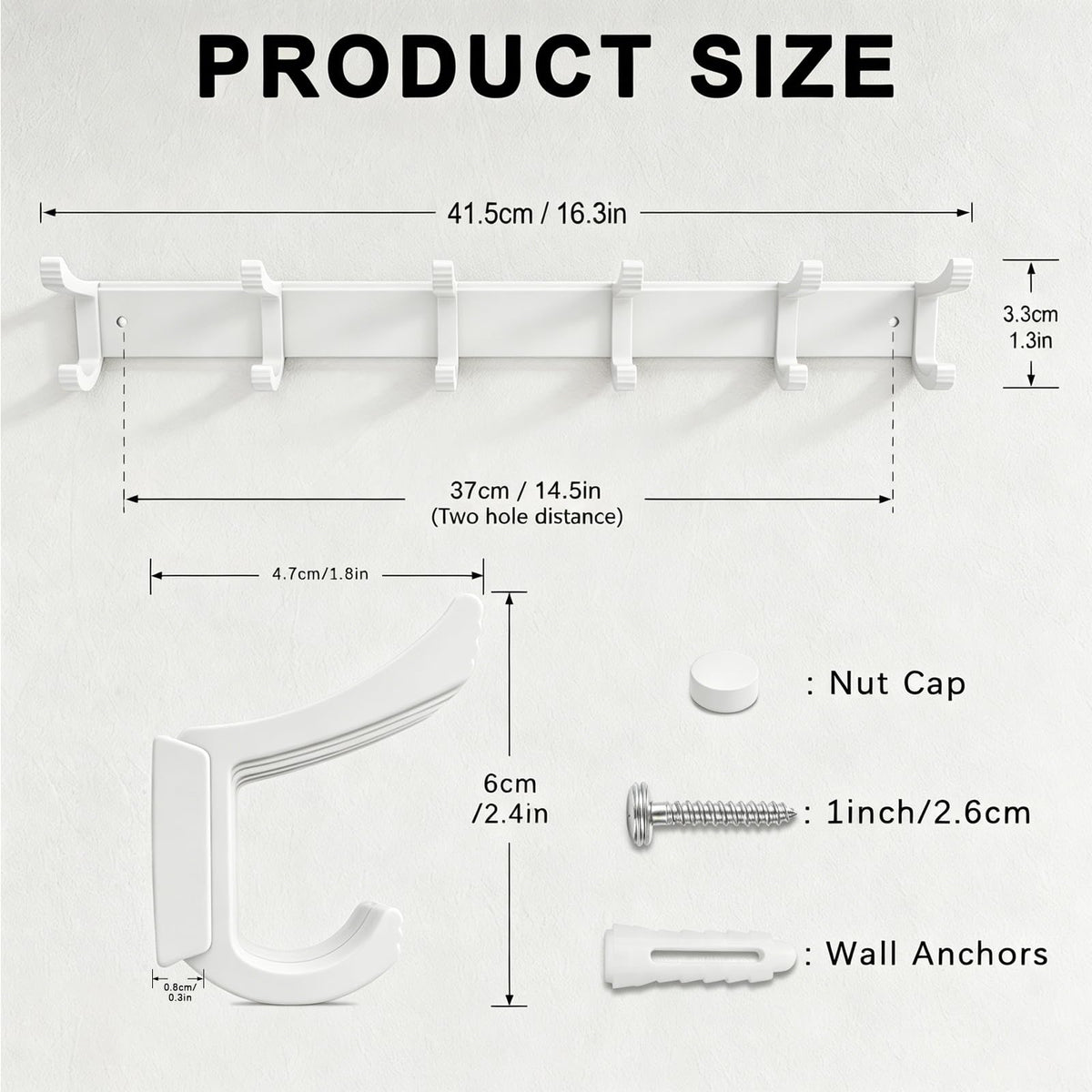 NONETO 2 Pack Coat Hooks Wall Mounted with 6 Movable Coat Rack (White)