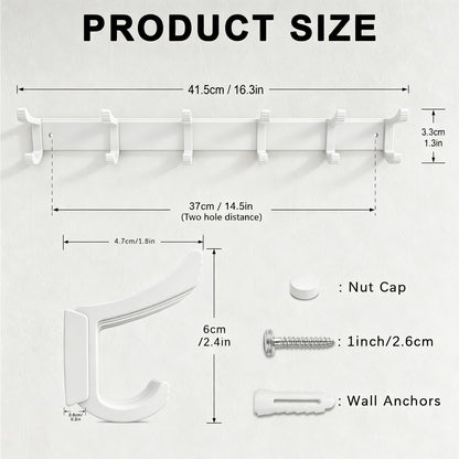 NONETO 2 Pack Coat Hooks Wall Mounted with 6 Movable Coat Rack (White)