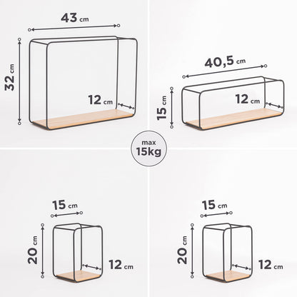 Kazai. Wall Shelves -Jona- | 4-Part Shelving Unit made of Metal and Real Wood Veneer | Wall Decor, Storage and Book Shelf for Bathroom, Living Room