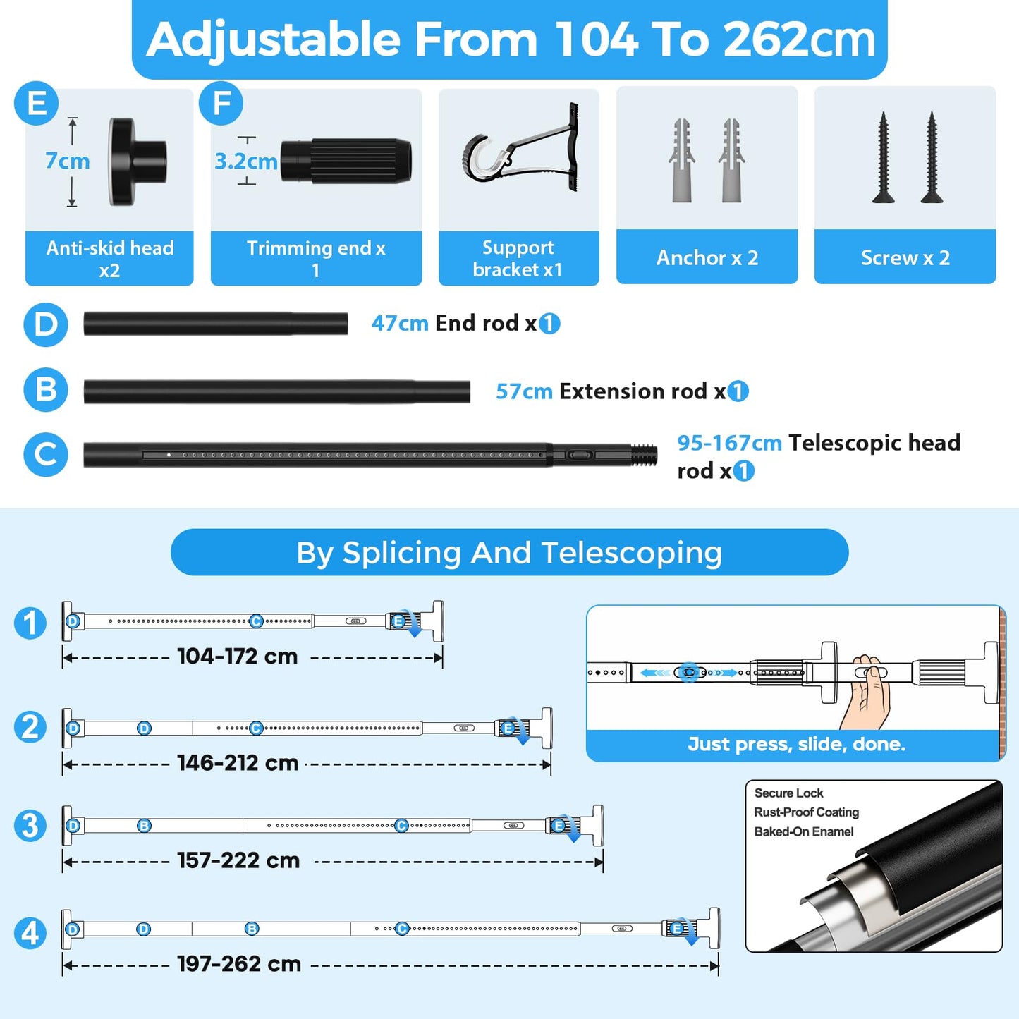 AIZESI Black Shower Curtain Pole 104-372Cm, Extendable Curtain Poles Extra Long Tension Rod, Shower Curtain Rail Room Divider Curtain Rod