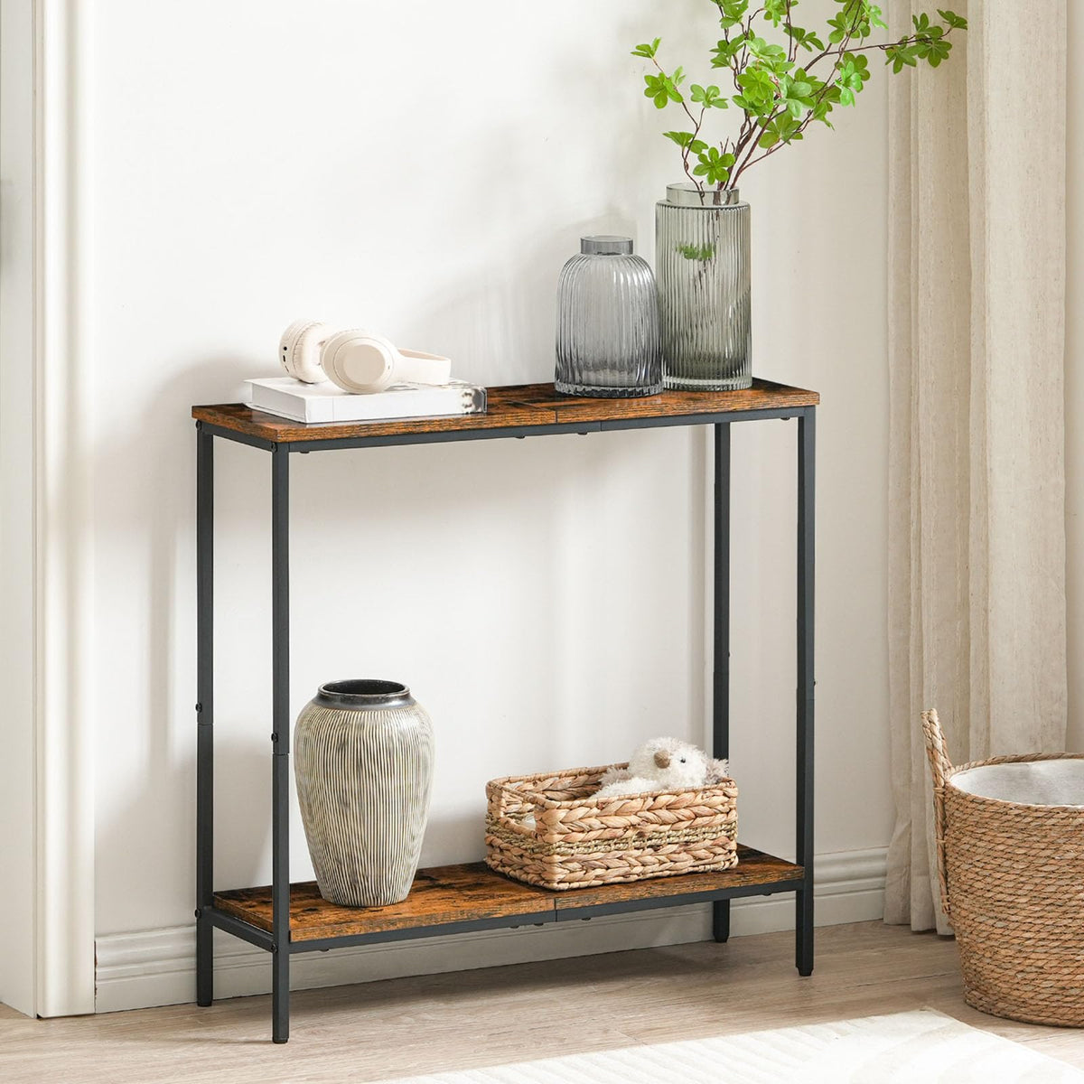 HOOBRO Slim Console Table with Shelf, 2 Tier Narrow Sofe Table for Hallway, Slim Hallway Table with Storage, Industrial, for Bedroom, Kitchen