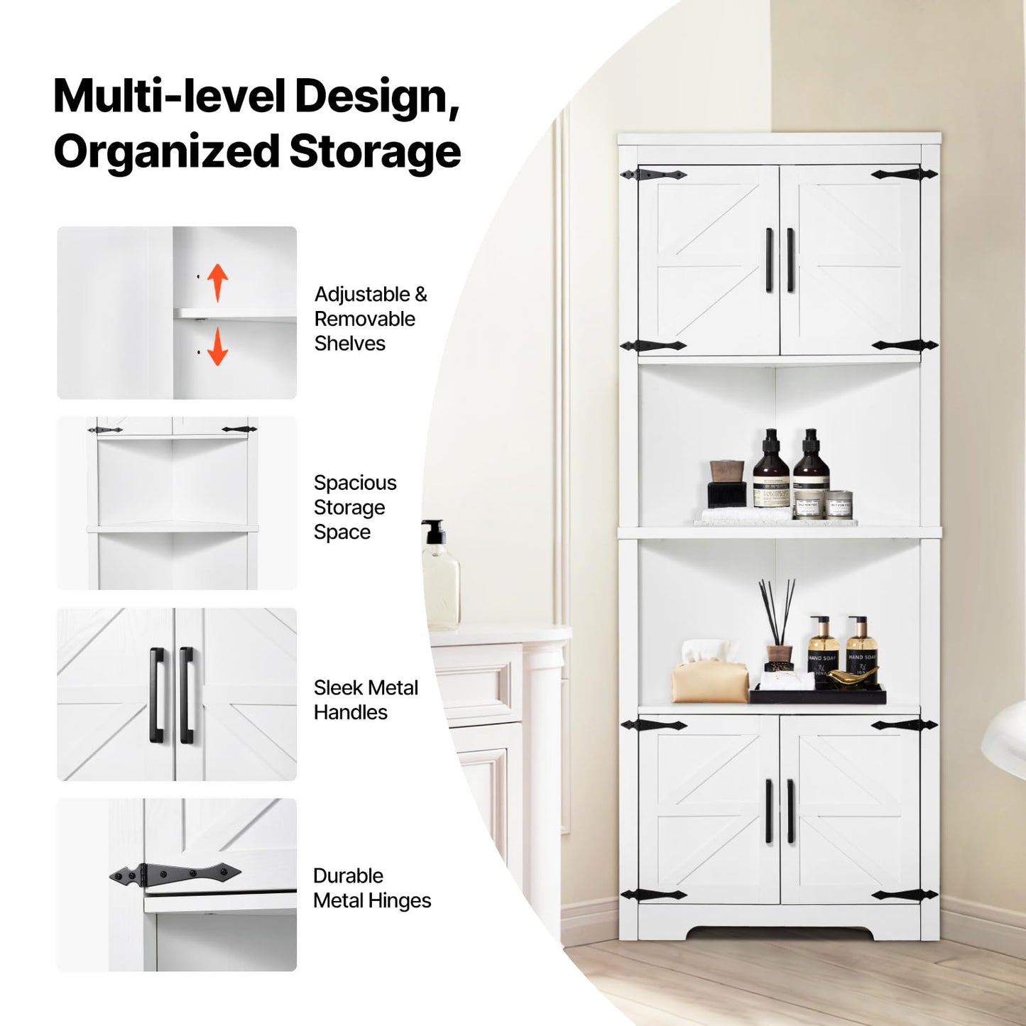 VEVOR 68" Tall Corner Storage Cabinet, 6 Tiers Farmhouse Storage Cabinet with 4 Wooden Doors & Adjustable Shelves