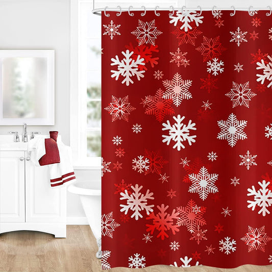 GCIREC Christmas Snowflake Shower Curtain, Red White Xmas Snowflake Winter Holiday New Year Bathroom Curtain Home Bathtub Decor Waterproof Fabric