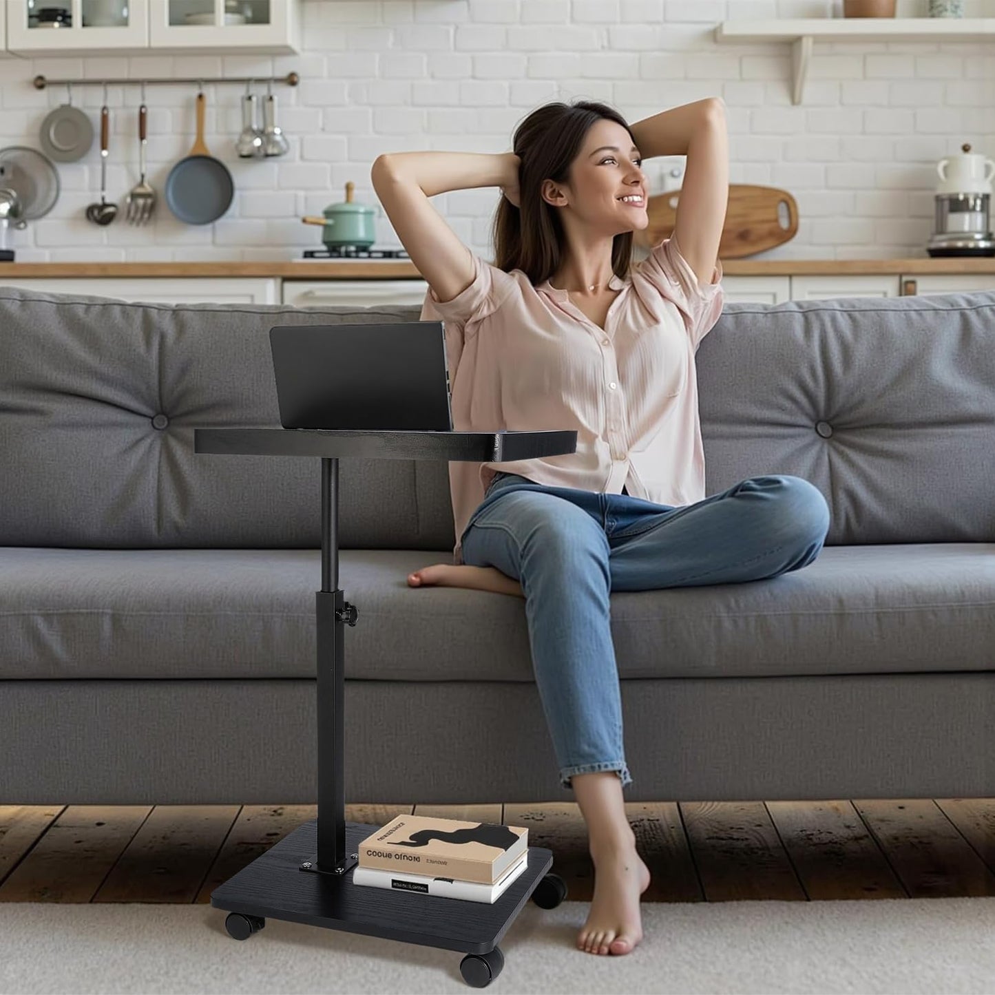 C Table End Table Adjustable Height 360° Swivel TV Tray Table With Wheels