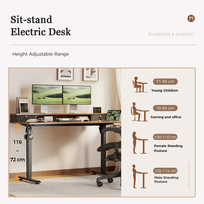 Klicelor Electric Height Adjustable Desk, with 2 Fabric Drawers, 140x60cm