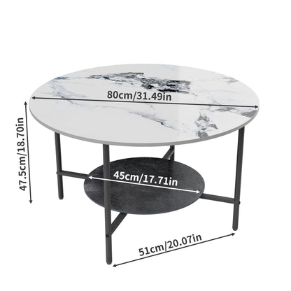Round Coffee Tables Sintered Stone: 2-Tier Circle Coffee Tables 80 cm White Black Textured Marble Table Top with Sturdy Aluminum Frame Couch Center