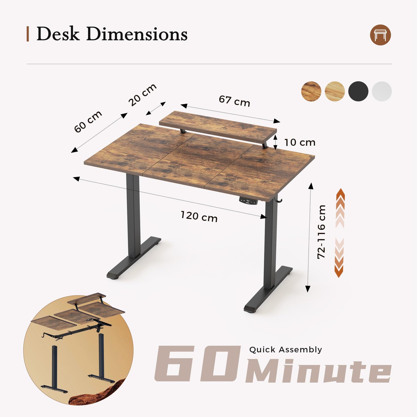 Klicelor Eletric Height Adjustable Desk, Movable Monitorstand, 120x60cm
