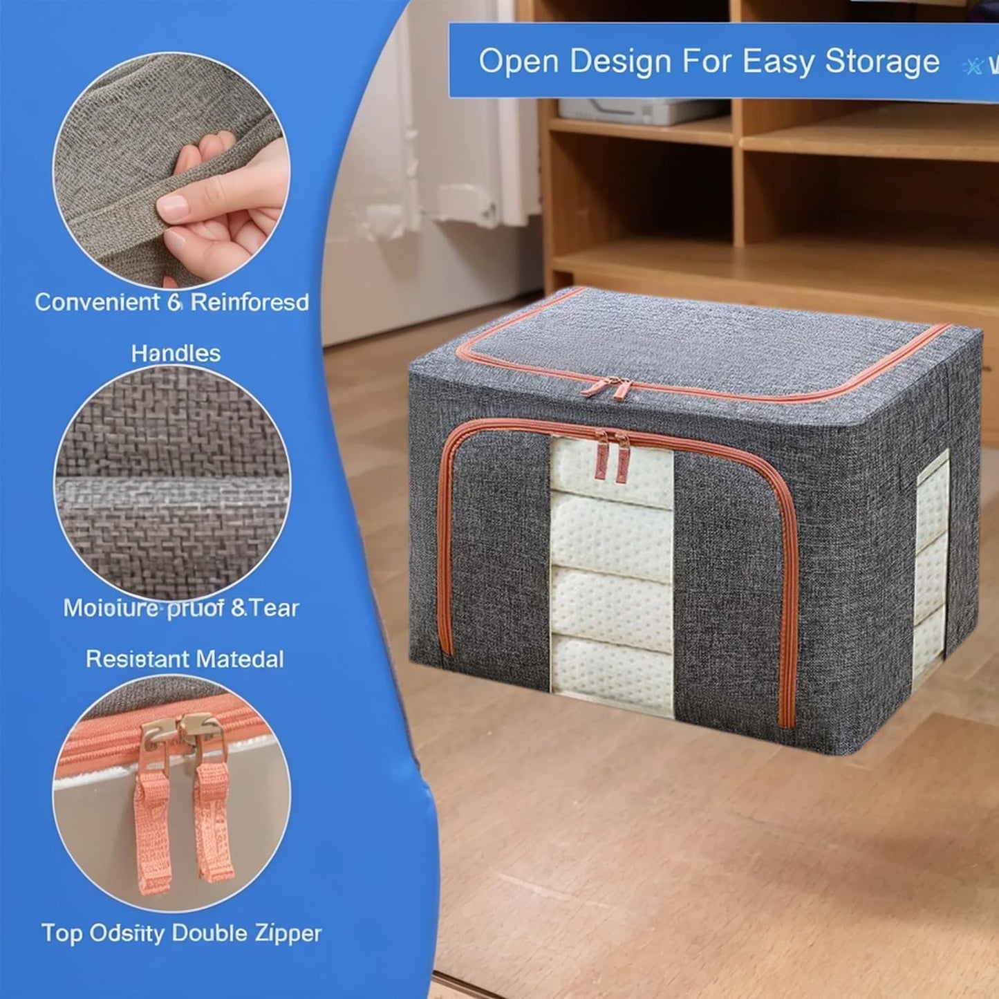 24L Clothes Storage Boxes,Stackable Cube Wardrobe Storage Organiser,Collapsible Storage With Metal Frame,Storage Bags With Zips Clear Window & Carry