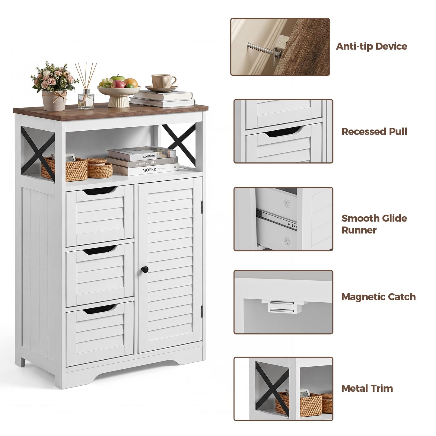 BonVache Kitchen Cabinet, Louvre design, Sideboard with Open Compartment and Drawer, Kitchen Cupboard with Adjustable Shelf, Ideal for Dining Room