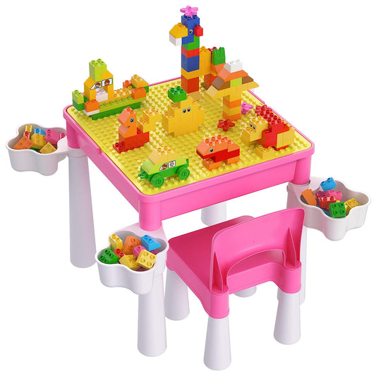burgkidz Toddler Table and Chair Set, Plastic Kids Activity Table with Chair and 128 Piece Large Creative Bricks Building Construction Toys for Girls,