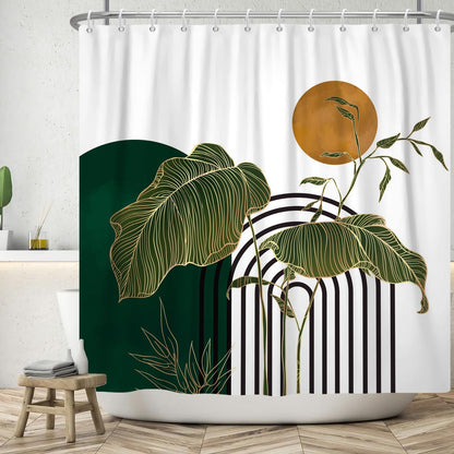 ASDCXZ Boho Shower Curtain 180x200 cm, Modern Abstract Art Green Gold Tropical Leaves Sun White Bath Washable Shower Curtains Polyester Textile