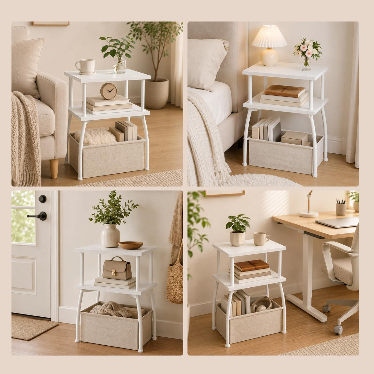 HOOBRO Narrow Side Table, 3-Tier Small Table with Linen Storage Basket, Sofa Side Tables for Small Space