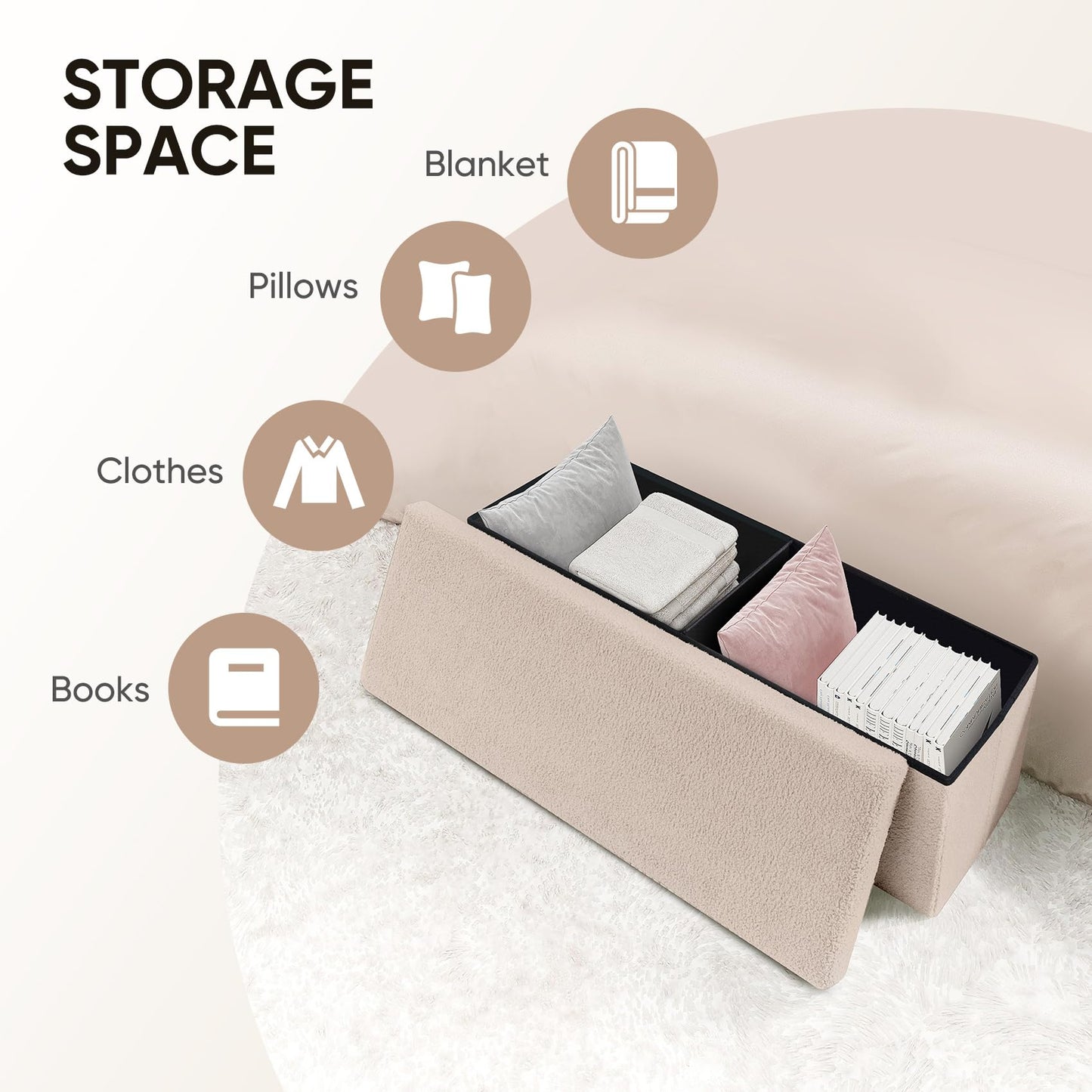 Bonlife Ottoman Storage Bench,Folding Boucle Footstool for Living Room,End of Bed Bench,Sherpa Foot Rest,140L Storage Space,Beige,110x38x38cm