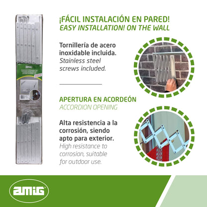 Amig Extendable Clothes Airer for The Wall | Highly Durable Aluminium | Stainless Steel Screws | for Indoor and Outdoor Use | Easy Installation |