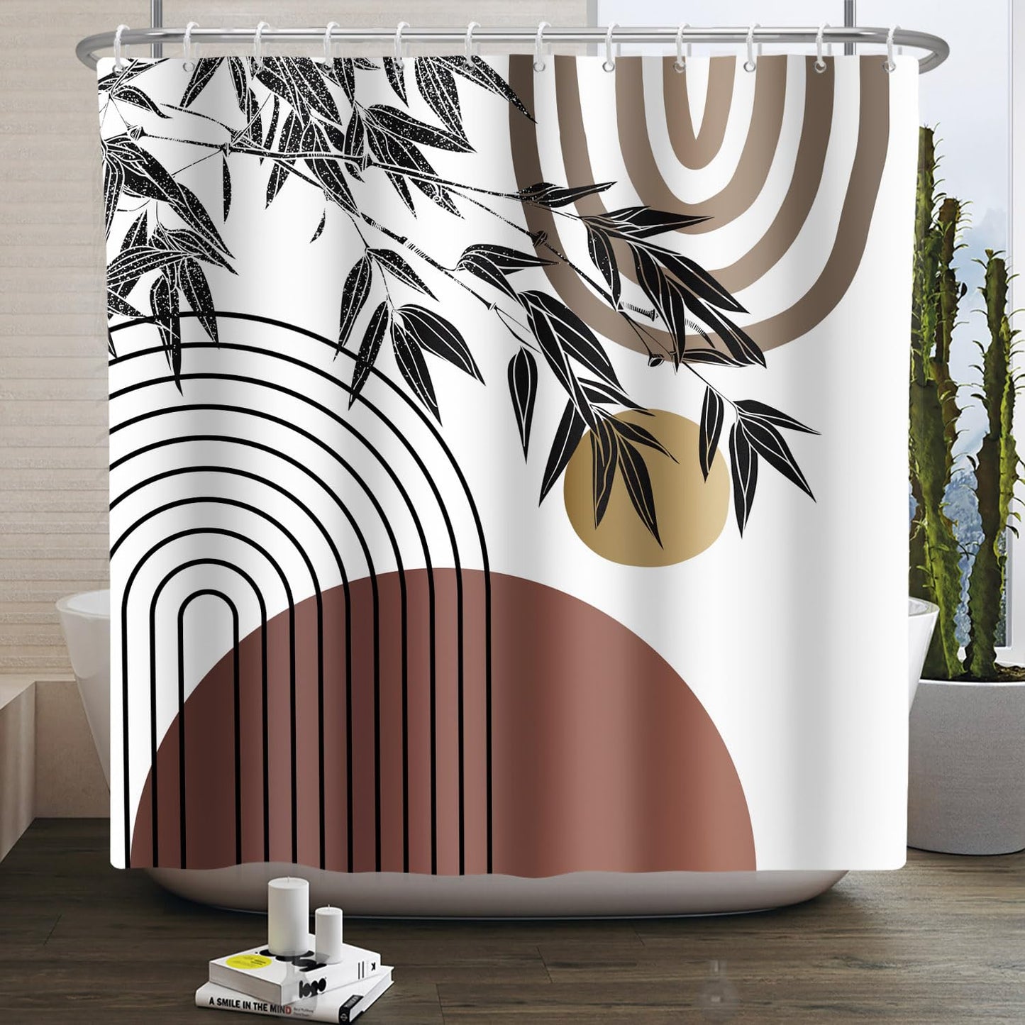 Kzzfqxb 152x183cm Shower Curtains with Plastic Hooks, Bohemian Style Arches Brown Sun Elegant Bamboo Leaves Modern Art Occluded Waterproof for