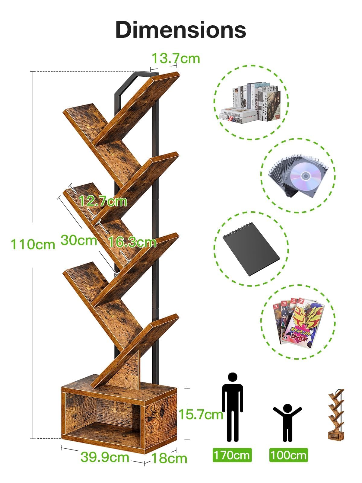 Coleshome 6-Tier Tree Bookcase, Wooden Bookshelf, 110.5cm, Brown