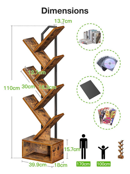 Coleshome 6-Tier Tree Bookcase, Wooden Bookshelf, 110.5cm, Brown