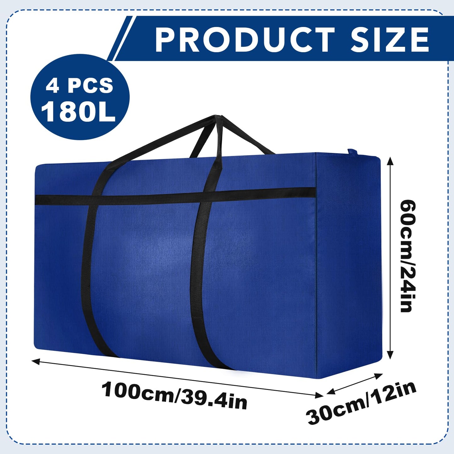 4 Pack 180L Jumbo Moving Bags, Storage Bags, Moving Box with Zip, Blue