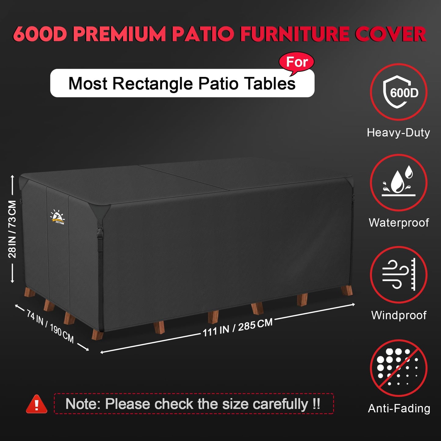 Zettum 285x190x73cm Large Garden Furniture Covers Rectangular 600D Heavy Duty Oxford Fabric Furniture Cover for Patio Table and Chair Set Anti Rain &