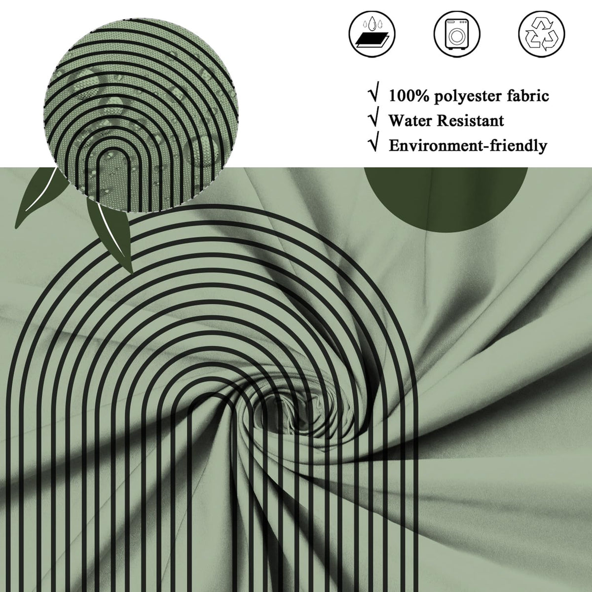 ASDCXZ Boho Shower Curtain 180x180 cm, Modern Abstract Art Green Leaves Sun Line Sage Green Bath Washable Shower Curtains Polyester Textile