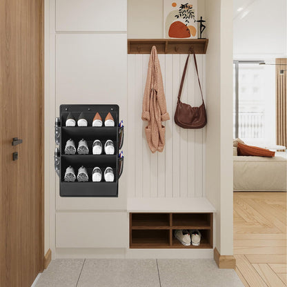 Godneei Hanging Shoe Storage with 3 Large Compartments & 4 Mesh Pockets, Over Door Storage Organizer for RV, Space-Saving (Black)