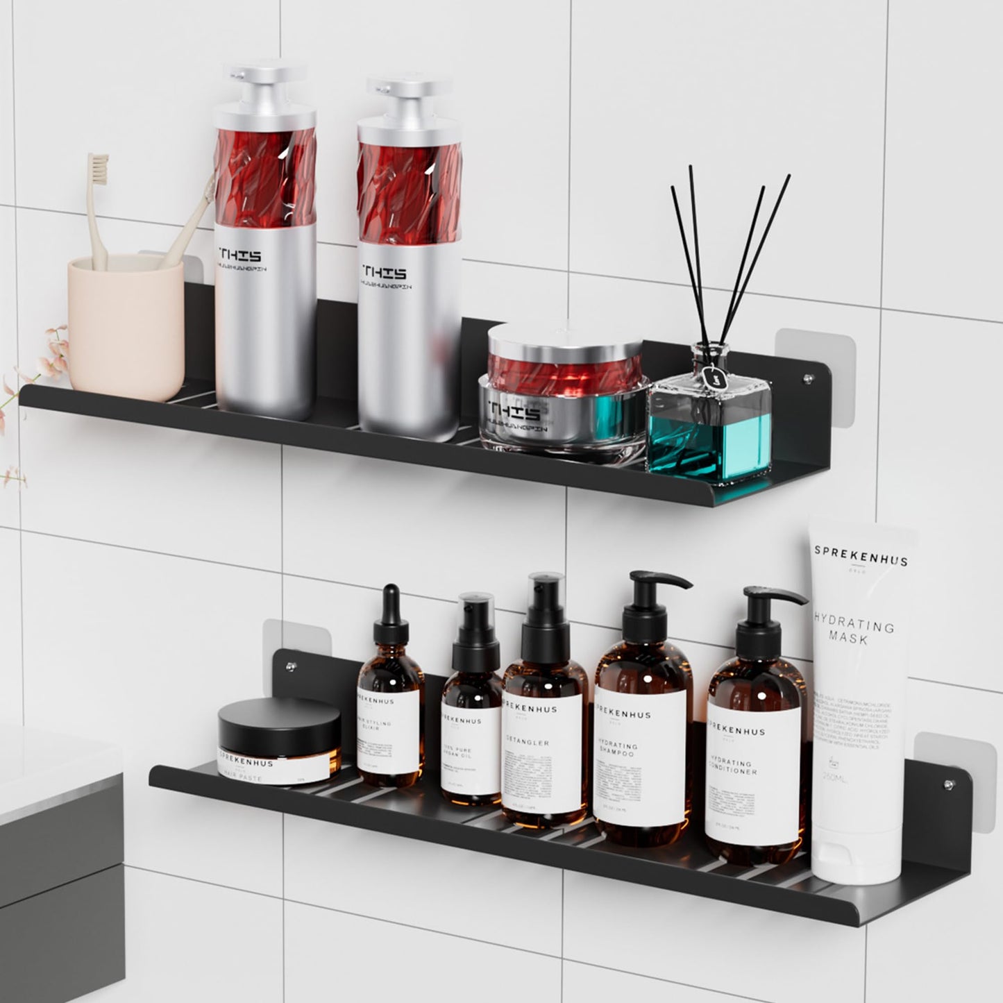 Wisfame Black Shower Caddy No Drilling, Stainless Steel Bathroom Shelves Wall Mounted Adhesive Shelf for Shower Storage Shower Rack, 40CM