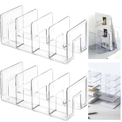 Panavage | Book Stand, Transparent Desk File Organiser with 4 Slots – Space-Saving Desktop Storage for Books, Documents, Files, CDs & Magazines