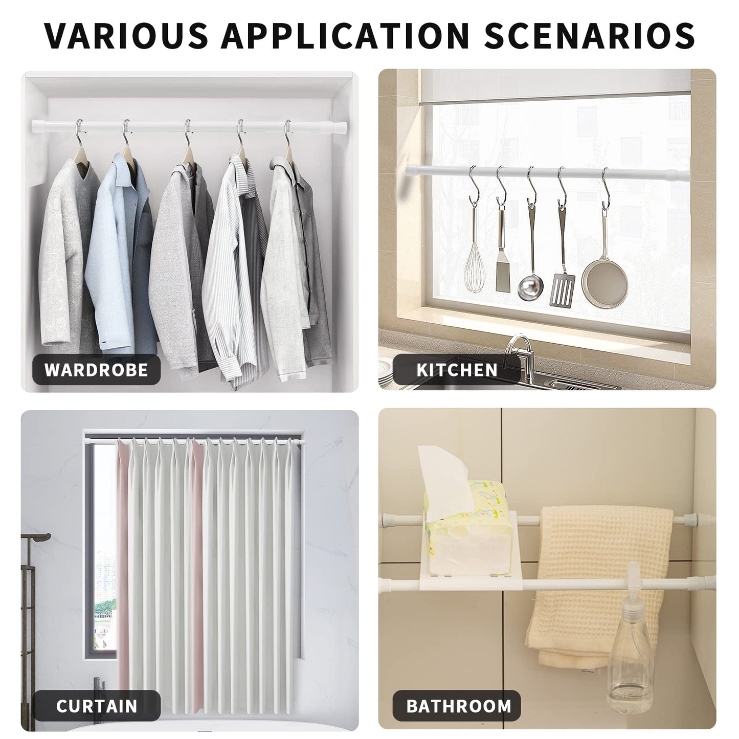 Vista 135-250cm Tension Rods for Curtains without Drilling Curtain Poles Extendable Curtain Rod Adjustable for DIY Projects, Cupboard, Kitchen,