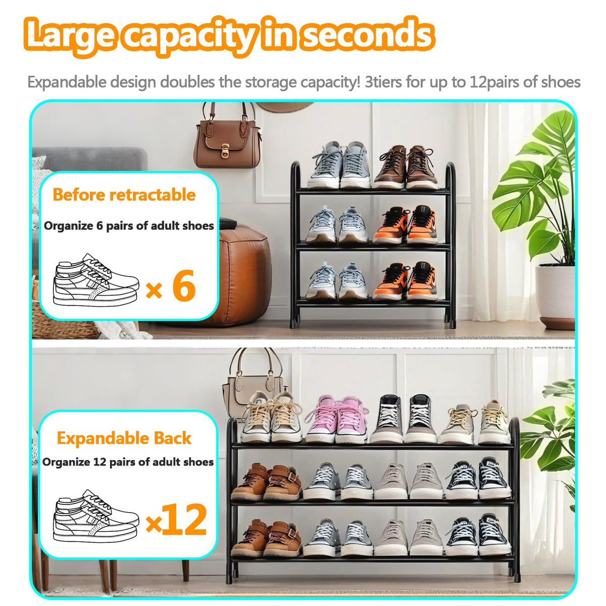 Expandable Shoe Rack, 3 Tier Adjustable Shoe Organizer Shelf for Closet,Slim Narrow Black Metal Free Standing Shoe Rack Storage for Small Space