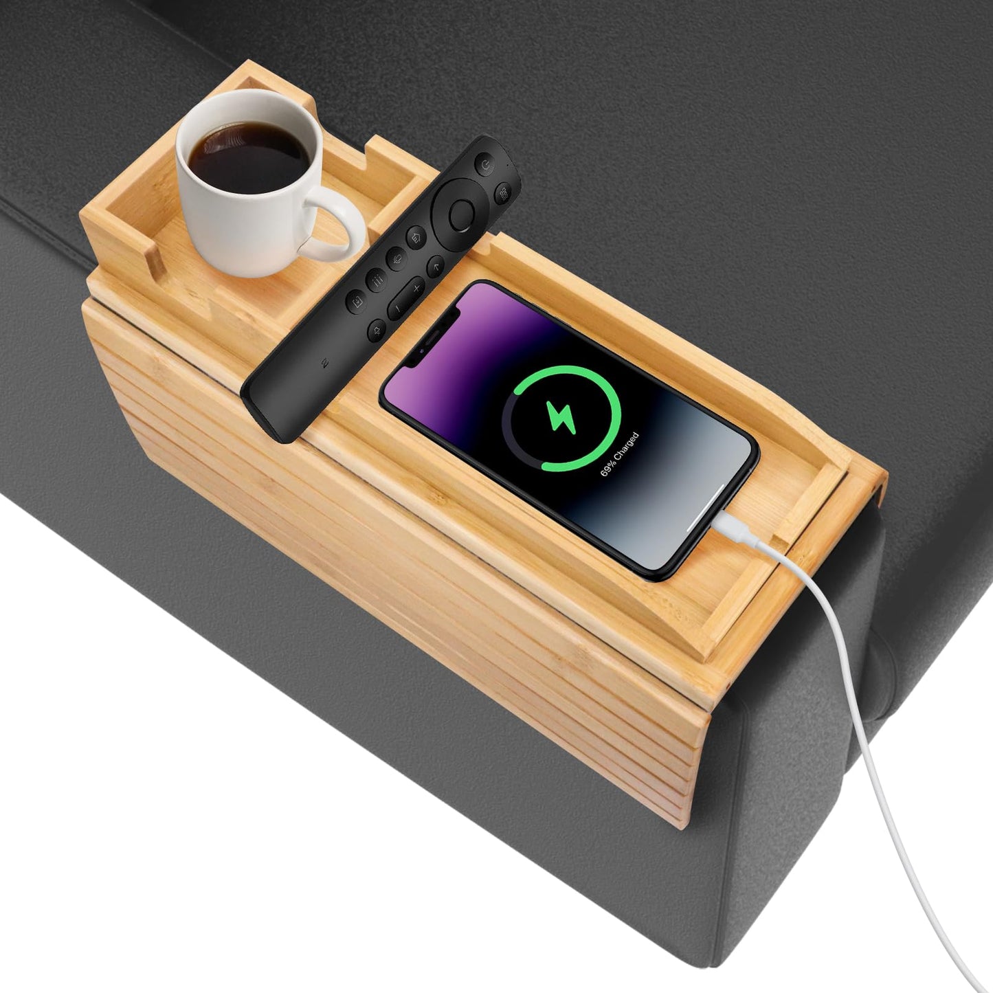 Yuhtech Sofa Arm Tray, Bamboo Sofa Arm Tray Table, Couch Cup Holder, Foldable Bamboo Pallet with Cup Holder for Snacks, Phones, Remotes