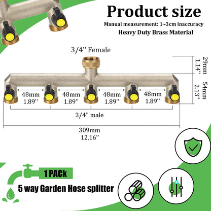 Brass Garden Outside Tap Splitter 5 Way Hose Manifold,3/4" Tap Diverter Adapter Hose Pipe Tap Splitter Outdoor,Multi Tap Connector,Faucet